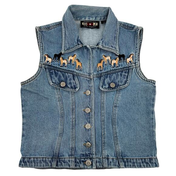 Vintage Western Womens Cowgirl Vest Gordon & James Blue Denim embroidered Horses - Picture 1 of 8